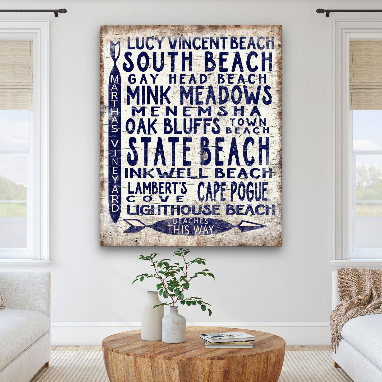 Martha's Vineyard Beaches Sign - Vintage Wood Look Vineyard Arrow Sign