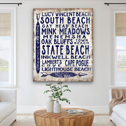 Martha's Vineyard Beaches Sign - Vintage Wood Look Vineyard Arrow Sign