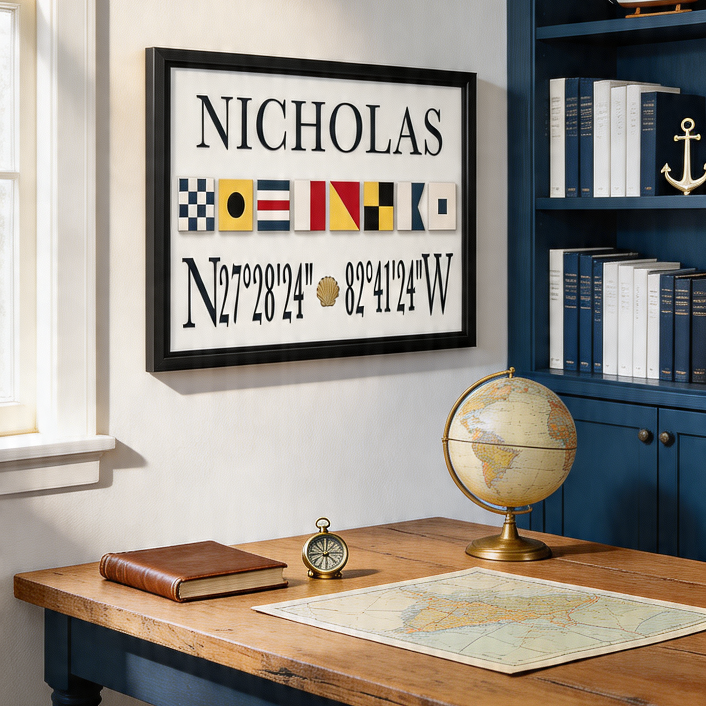 Personalized Nautical Flag Family Name with Coordinates