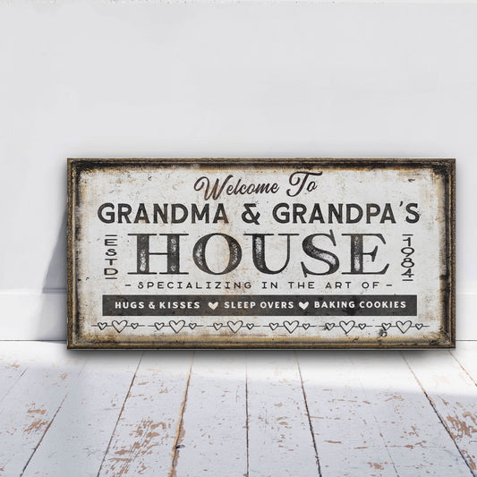 Personalized grandma and grandpa house welcome sign on rustic canvas