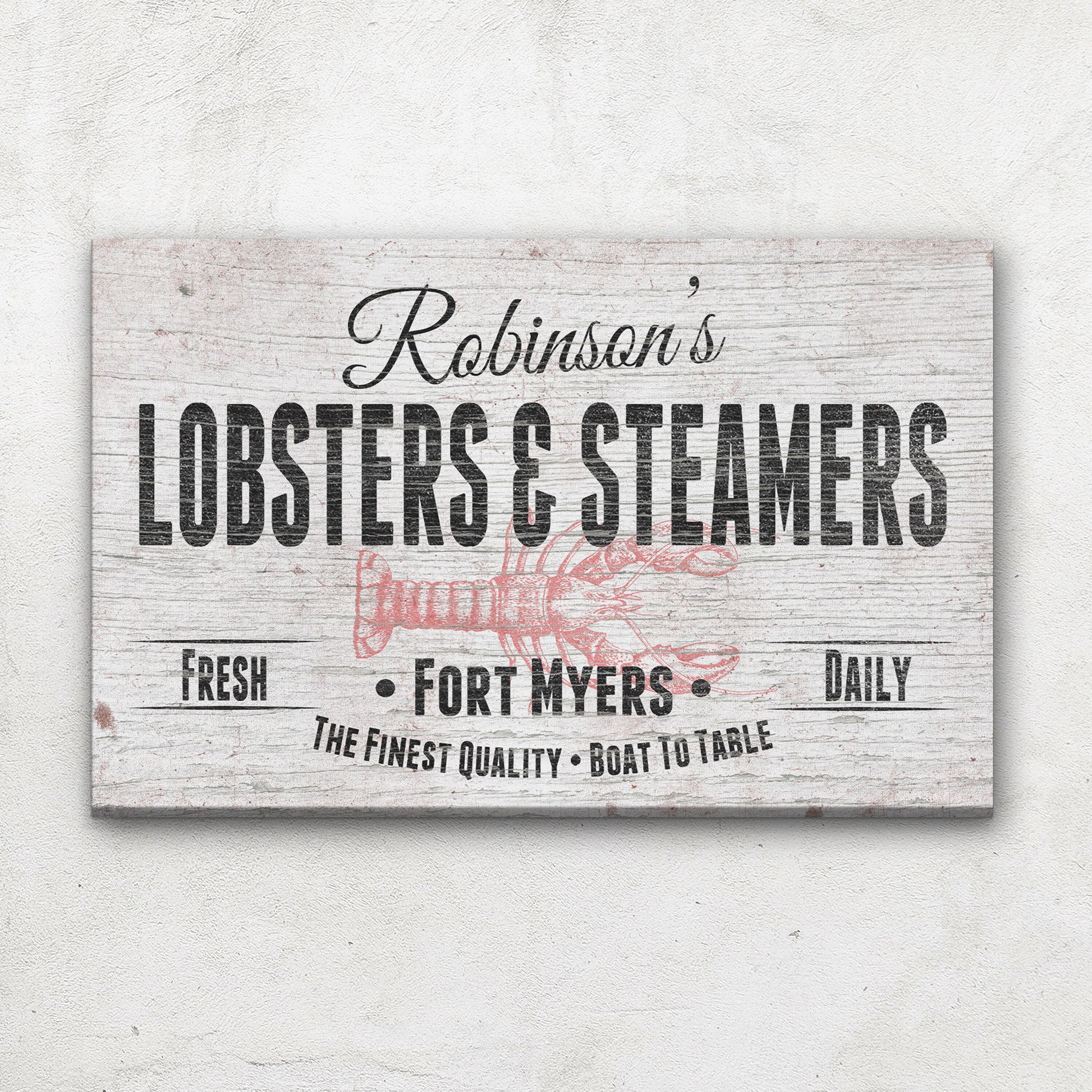 Seafood Sign, Personalized Lobster Restaurant Sign, Seafood Market Kitchen Sign, Beach Decor, Coastal Fresh Lobster Steamers Canvas Sign