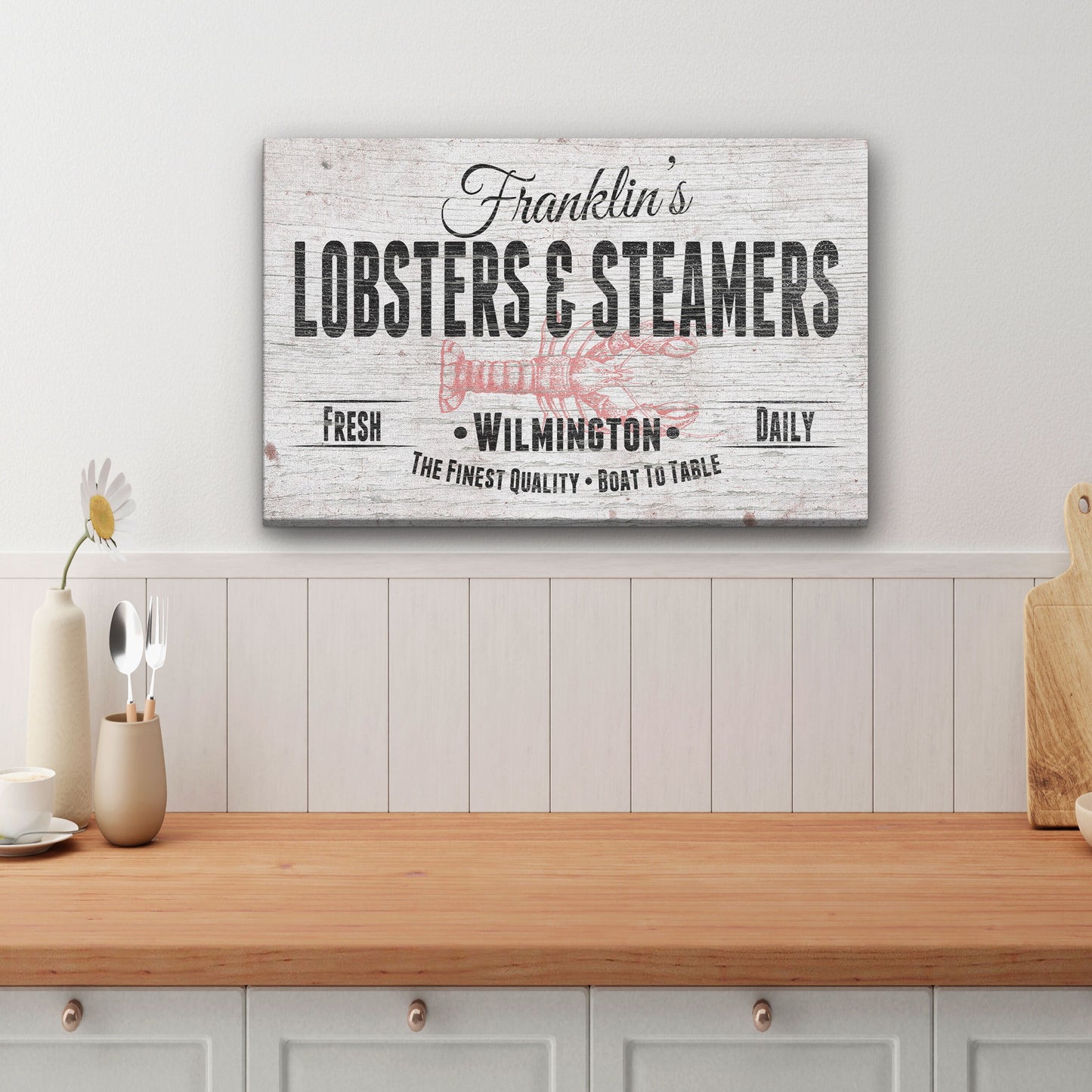 Seafood Sign, Personalized Lobster Restaurant Sign, Seafood Market Kitchen Sign, Beach Decor, Coastal Fresh Lobster Steamers Canvas Sign